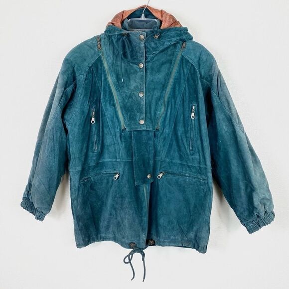 Vintage Flight Club Teal Suede Hooded Bomber Jacket - Picture 1 of 5